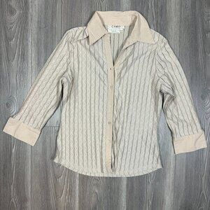 Como‎ Tan 3/4 Sleeve Button Down Shirt – Size M Textured Collared Top